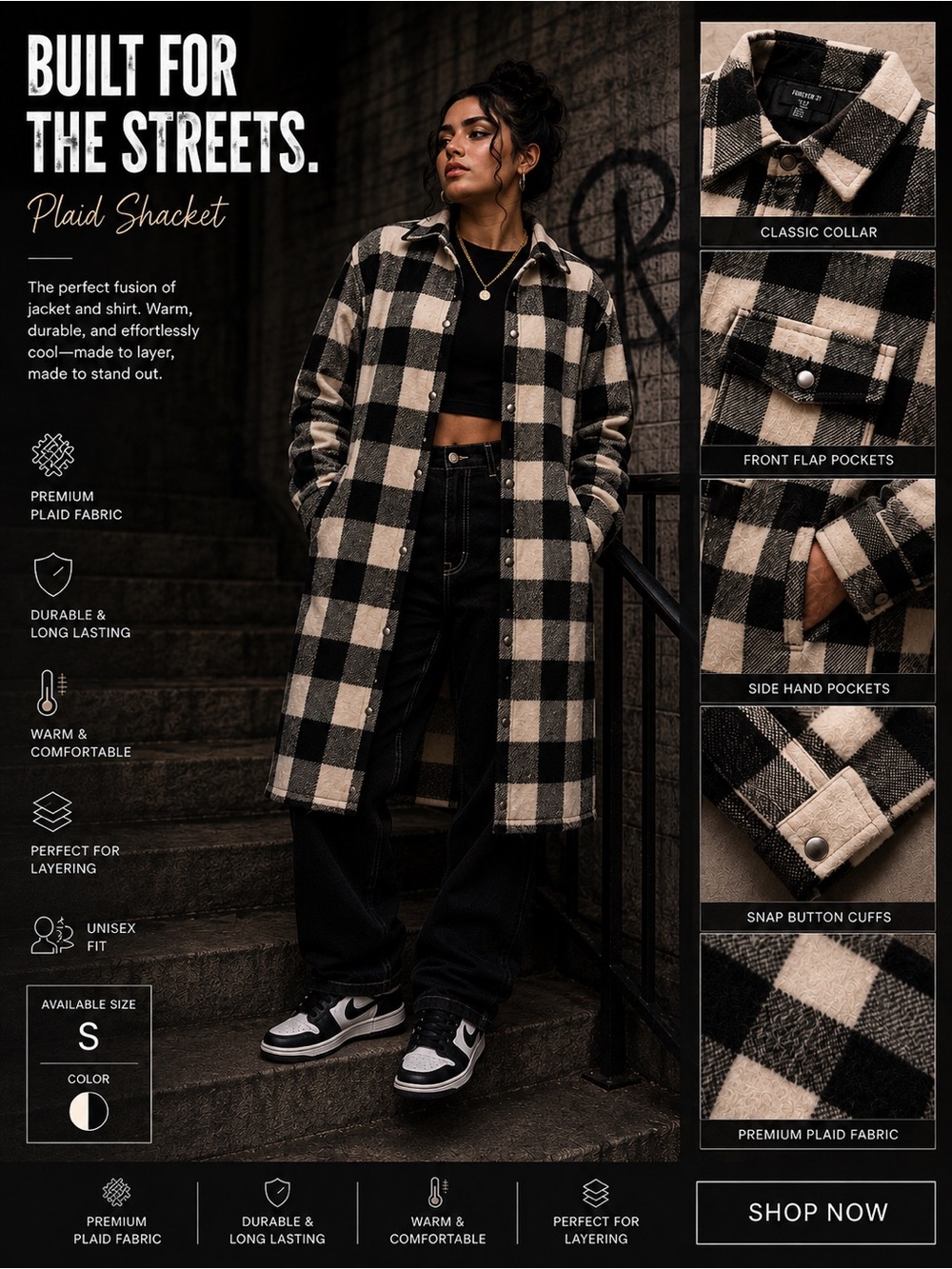 Forever 21 Black & Cream Plaid Shacket Coat